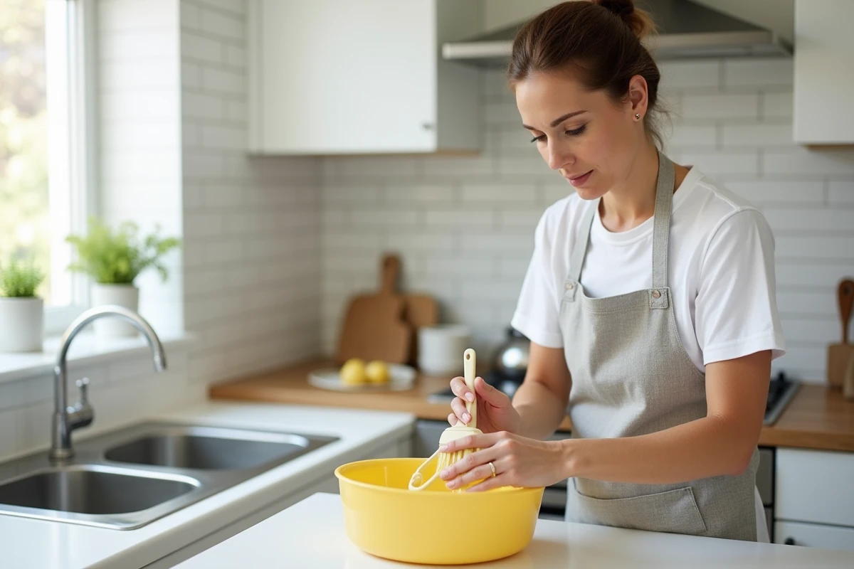 Femme nettoyant un appareil en plastique jauni avec une brosse douce dans une cuisine moderne
