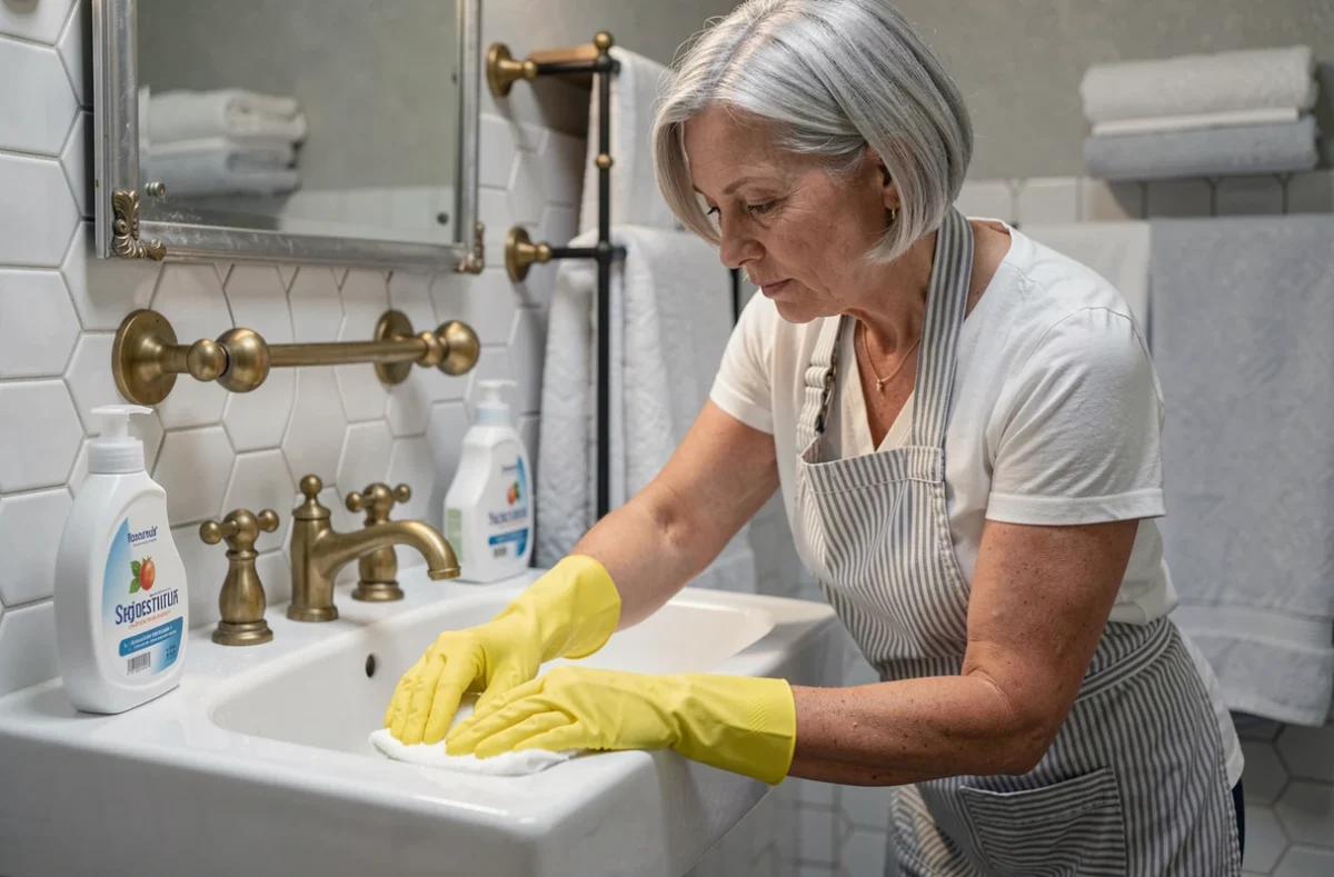 Femme de ménage nettoyant un lavabo dans une salle de bain rénovée avec carrelage ancien à Bordeaux