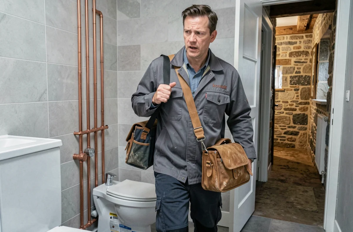 Plombier en intervention rapide arrivant dans une salle de bain en cours d'installation avec son matériel professionnel