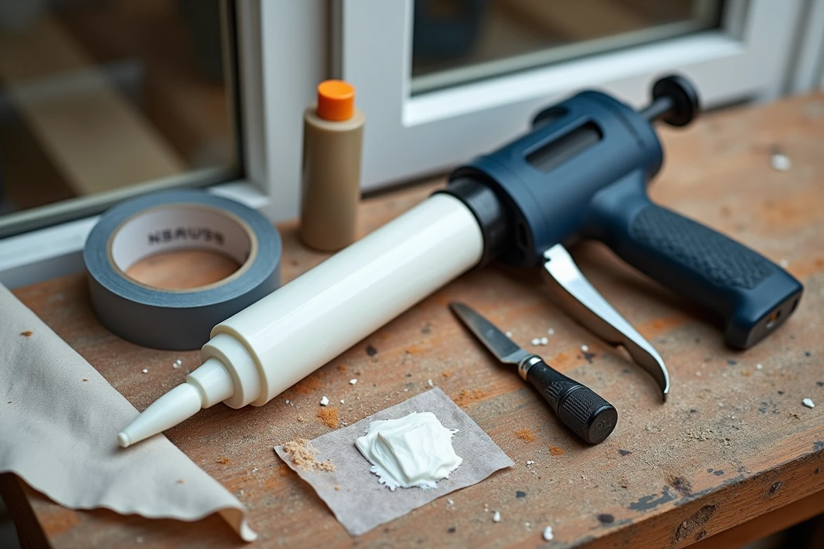 Pistolet à joint acrylique et outils de peinture posés sur un établi en bois pour travaux de finition