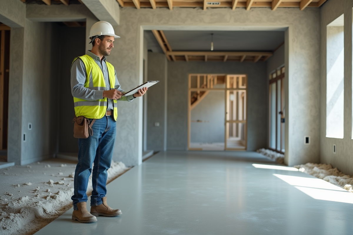 Ouvrier en vestiaire réfléchissant sur le béton en construction