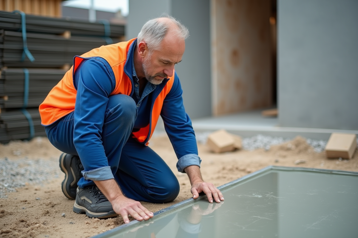 Ouvrier en uniforme vérifiant une dalle de béton fraîche