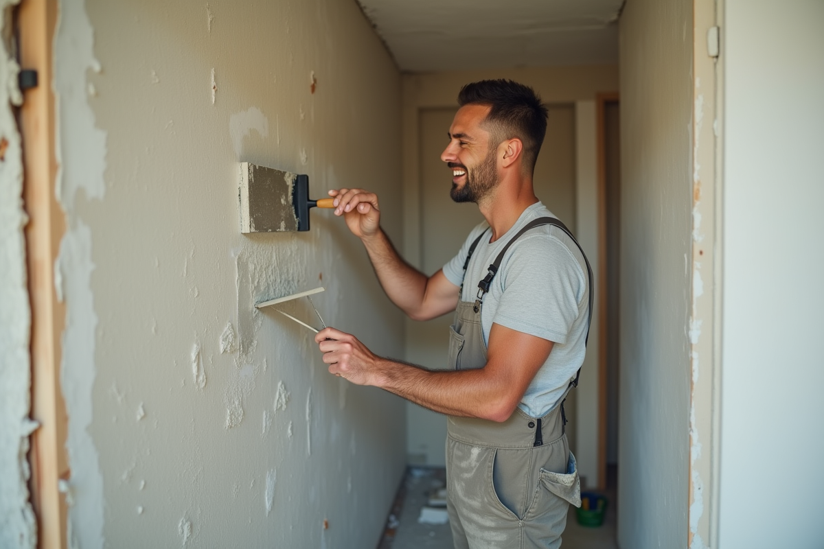 Ouvrier appliquant un enduit à la chaux dans une maison en rénovation