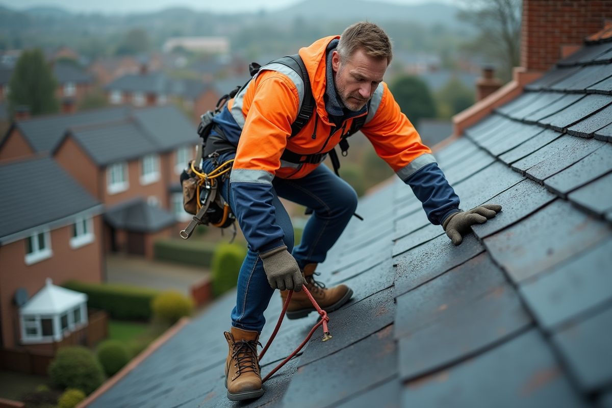 Ouvrier sur toit en ardoises en hauteur