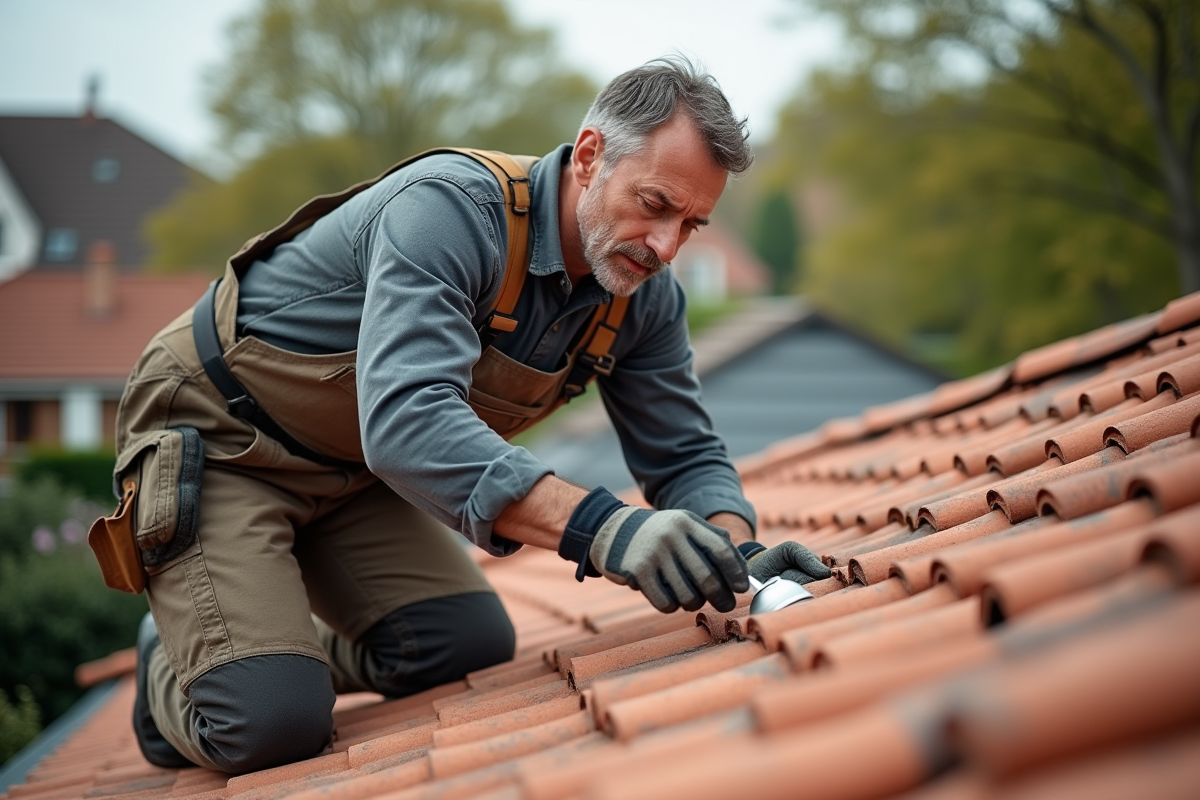 Ouvrier couvreur appliquant un traitement sur un toit en tuiles en terre cuite