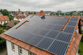 Panneau solaire allemand installé sur un toit traditionnel bavarois avec tuiles rouges et village en arrière-plan