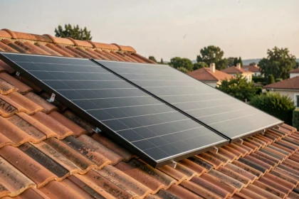 Deux panneaux solaires monocristallins noirs installés sur un toit en tuiles rouges d'une maison individuelle pour un kit solaire autoconsommation 800W