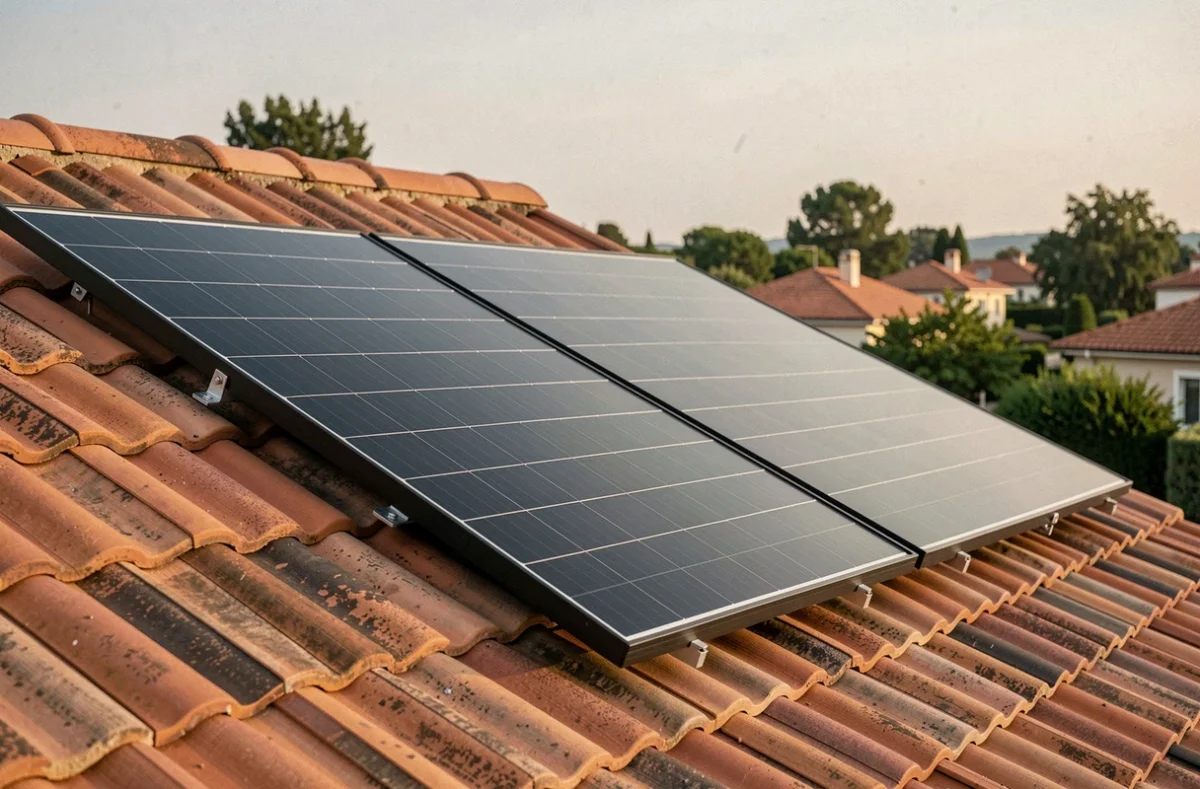 Deux panneaux solaires monocristallins noirs installés sur un toit en tuiles rouges d'une maison individuelle pour un kit solaire autoconsommation 800W