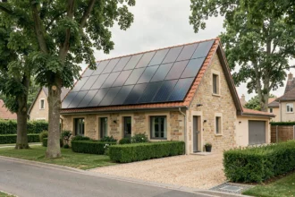 Maison résidentielle moderne avec panneaux solaires intégrés en toiture imitant des tuiles ardoise, vue de la rue dans un quartier pavillonnaire français