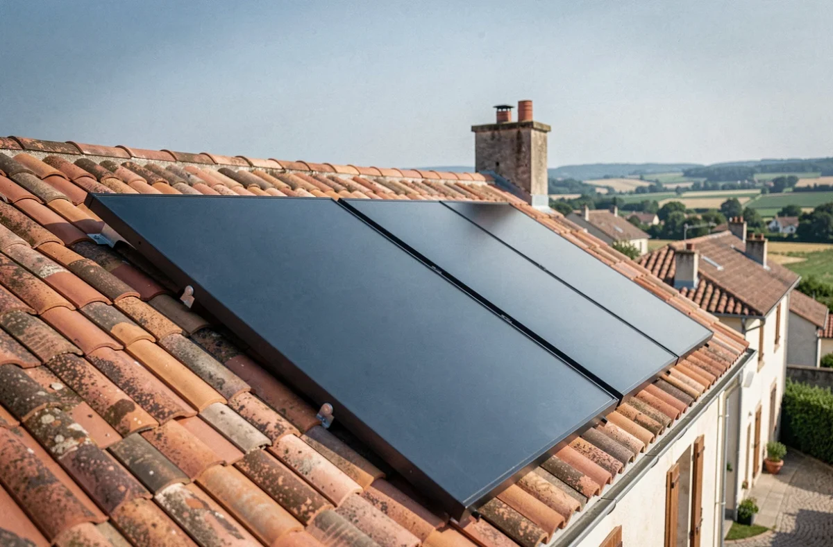Panneaux solaires thermiques installés sur le toit d'une maison individuelle française pour la production d'eau chaude sanitaire