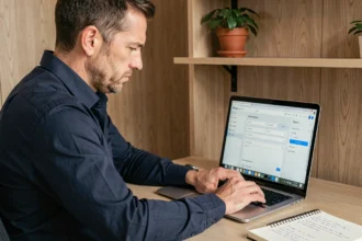 Homme consultant les paramètres de son compte devis en ligne sur un ordinateur portable dans un bureau professionnel