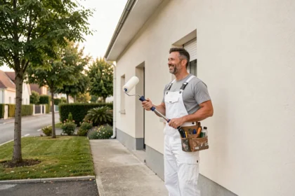 Peintre en bâtiment professionnel devant une maison fraîchement peinte en Essonne