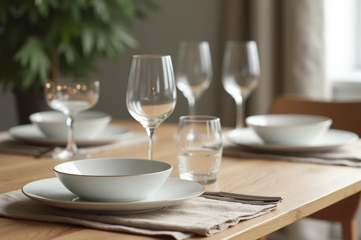 Table dressée avec verres à eau et à vin disposés élégamment autour d'une assiette blanche simple sur une table en chêne brut