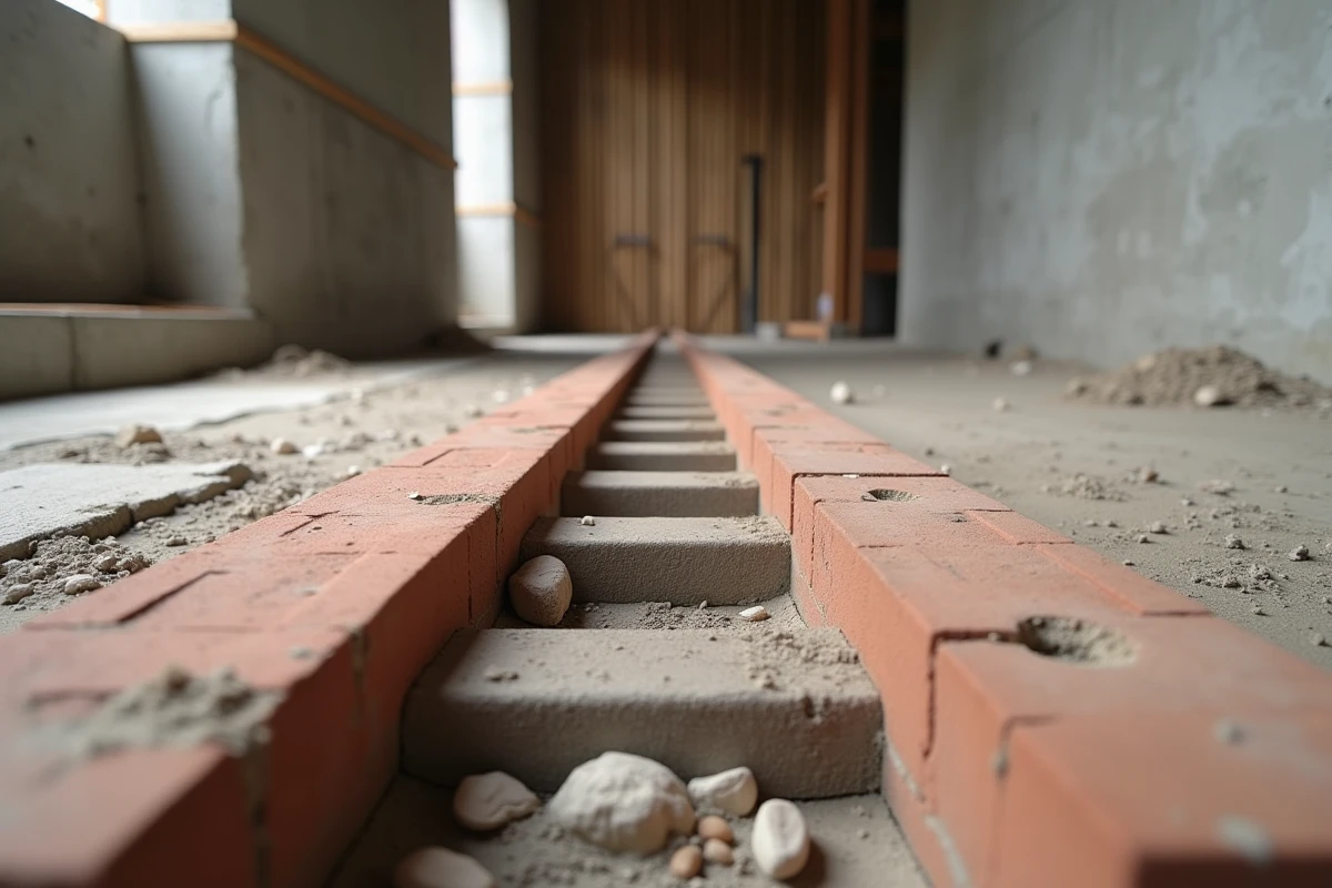 Détail d'un plancher poutrelle-hourdis en terre cuite posé entre des poutrelles béton dans un bâtiment en construction