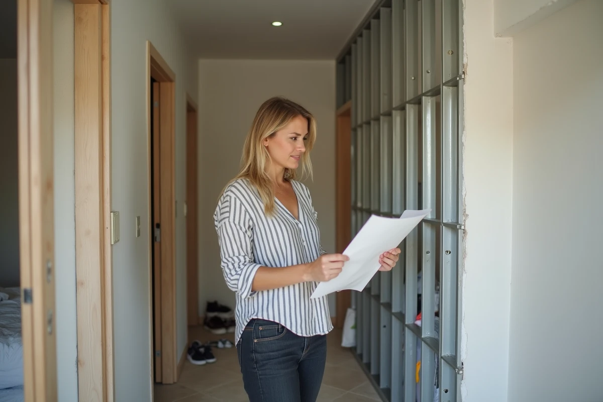 Propriétaire consultant un plan de travaux cloison Placo dans un couloir d'appartement occupé