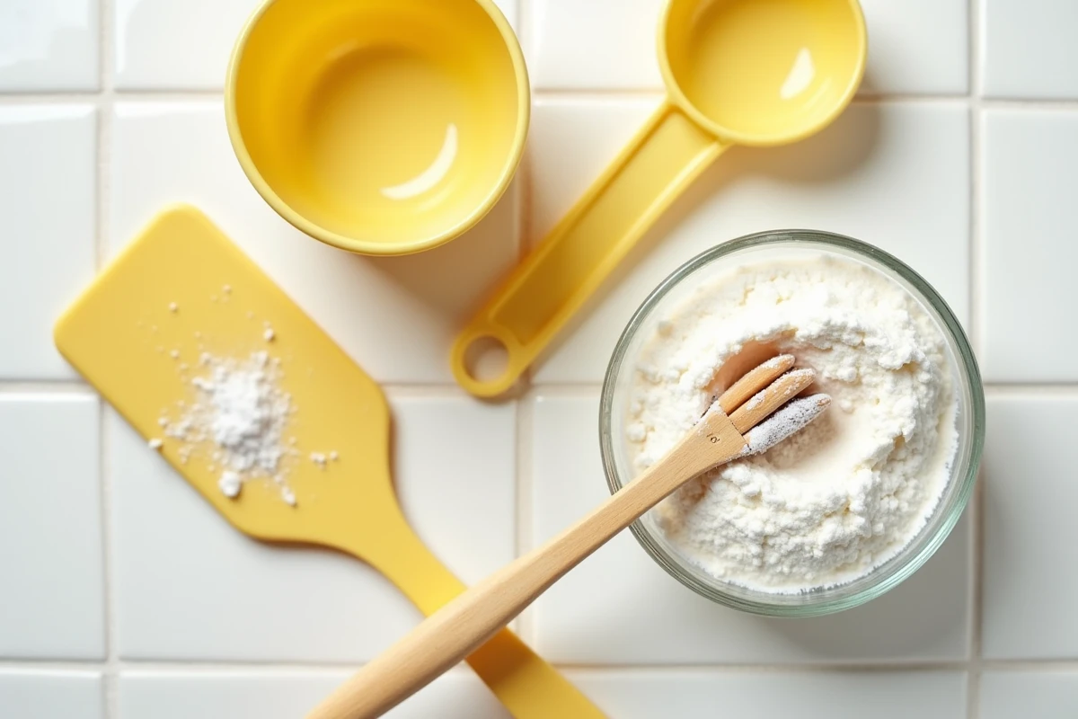 Ustensiles en plastique jauni posés sur un plan de travail blanc avec du bicarbonate de soude et une brosse à dents pour le blanchiment