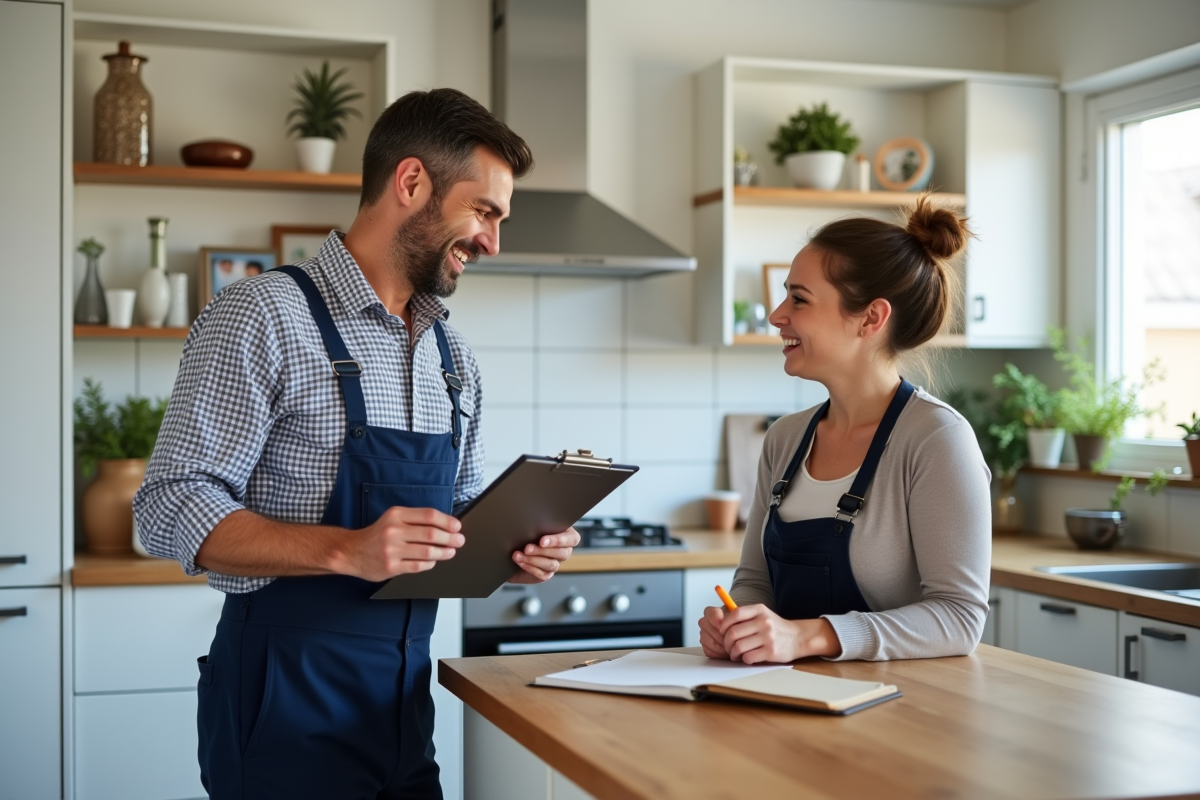 Plombier homme discutant avec une femme dans une cuisine lumineuse