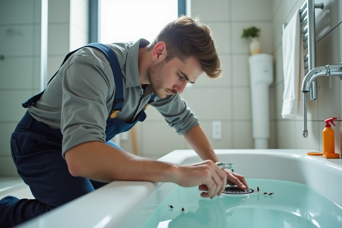 Plombier examinant le drain de la baignoire avec un miroir