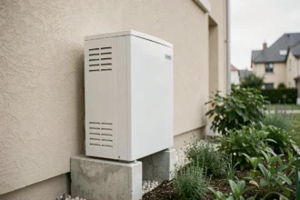 Pompe à chaleur air-eau Frisquet installée en façade extérieure d'une maison individuelle française