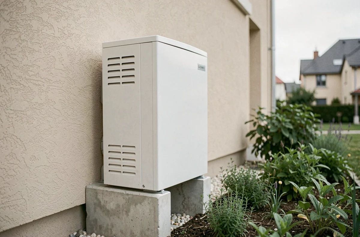 Pompe à chaleur air-eau Frisquet installée en façade extérieure d'une maison individuelle française