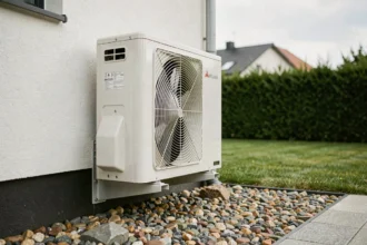 Pompe à chaleur air-eau Mitsubishi installée en extérieur sur la façade d'une maison contemporaine