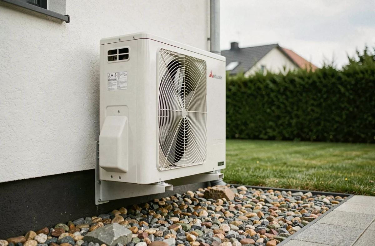 Pompe à chaleur air-eau Mitsubishi installée en extérieur sur la façade d'une maison contemporaine