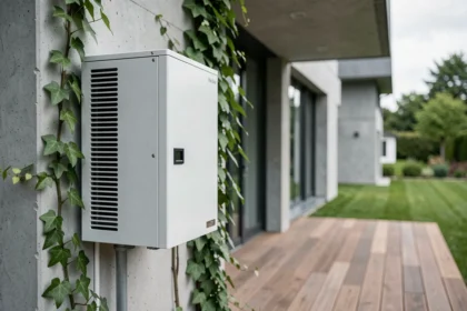 Pompe à chaleur air eau installée sur la façade extérieure d'une maison de 200 m2 avec jardin