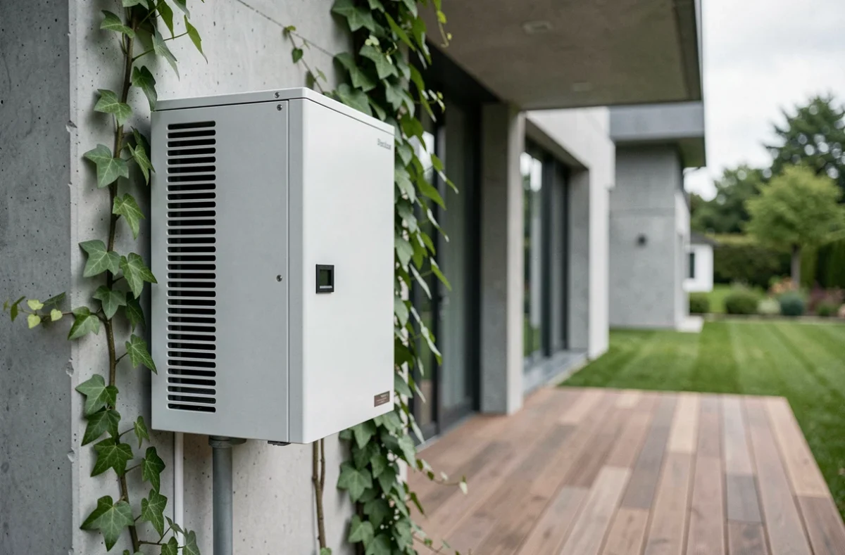 Pompe à chaleur air eau installée sur la façade extérieure d'une maison de 200 m2 avec jardin