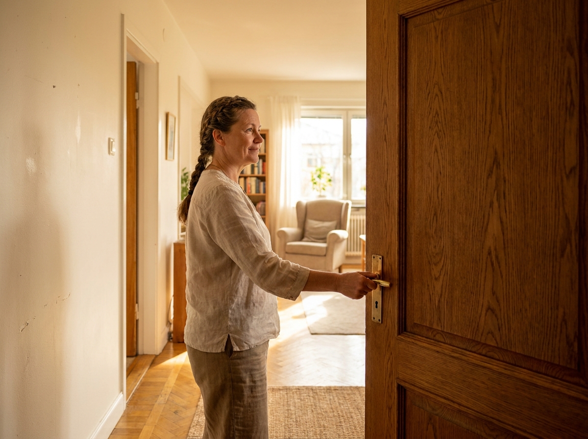 Femme choisissant une porte battante en bois chêne dans un couloir intérieur chaleureux