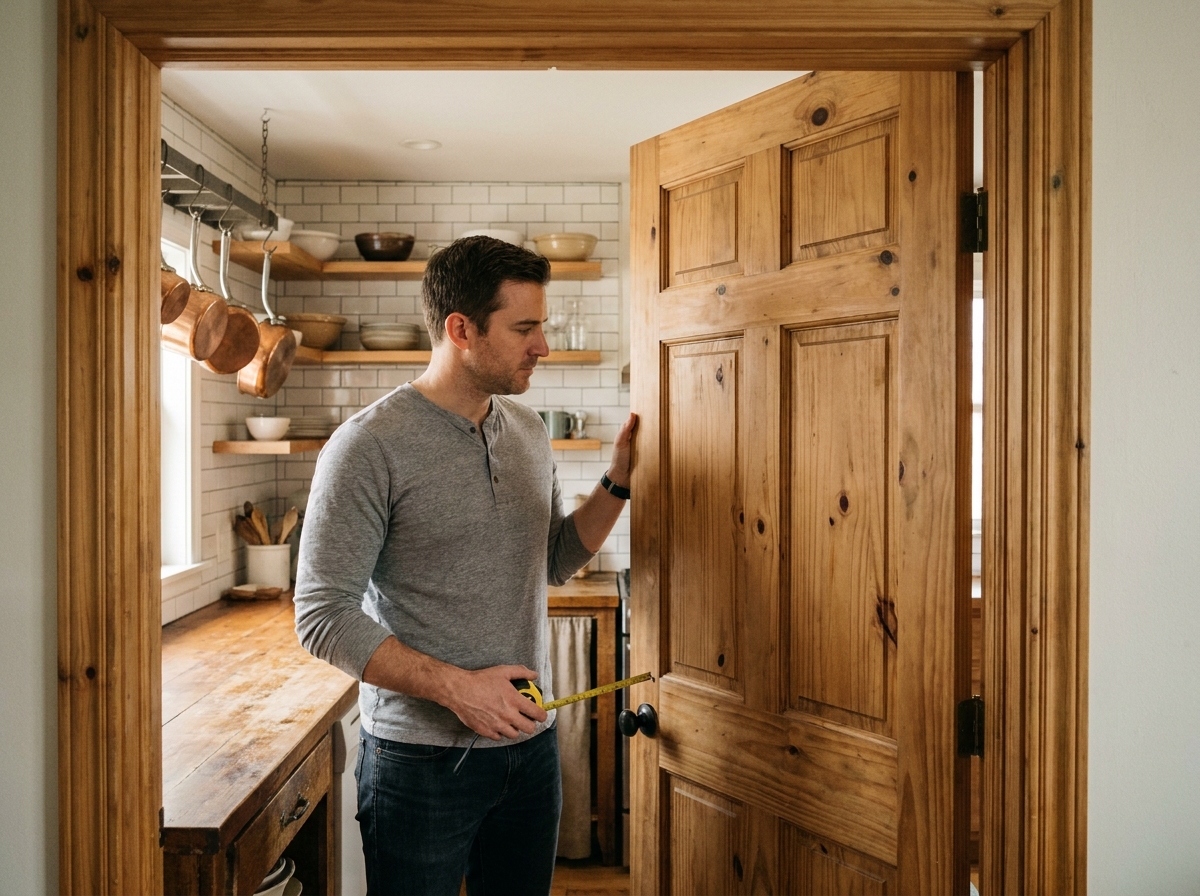 Homme mesurant une porte battante en bois massif pour une cuisine rustique