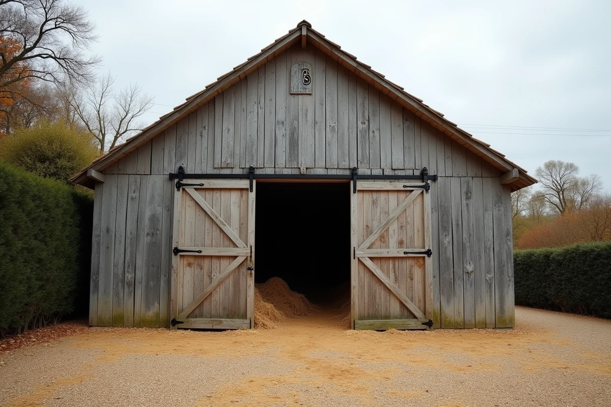 Porte de grange en bois avec grands gonds décoratifs en métal, vue extérieure d'une ferme française traditionnelle en automne