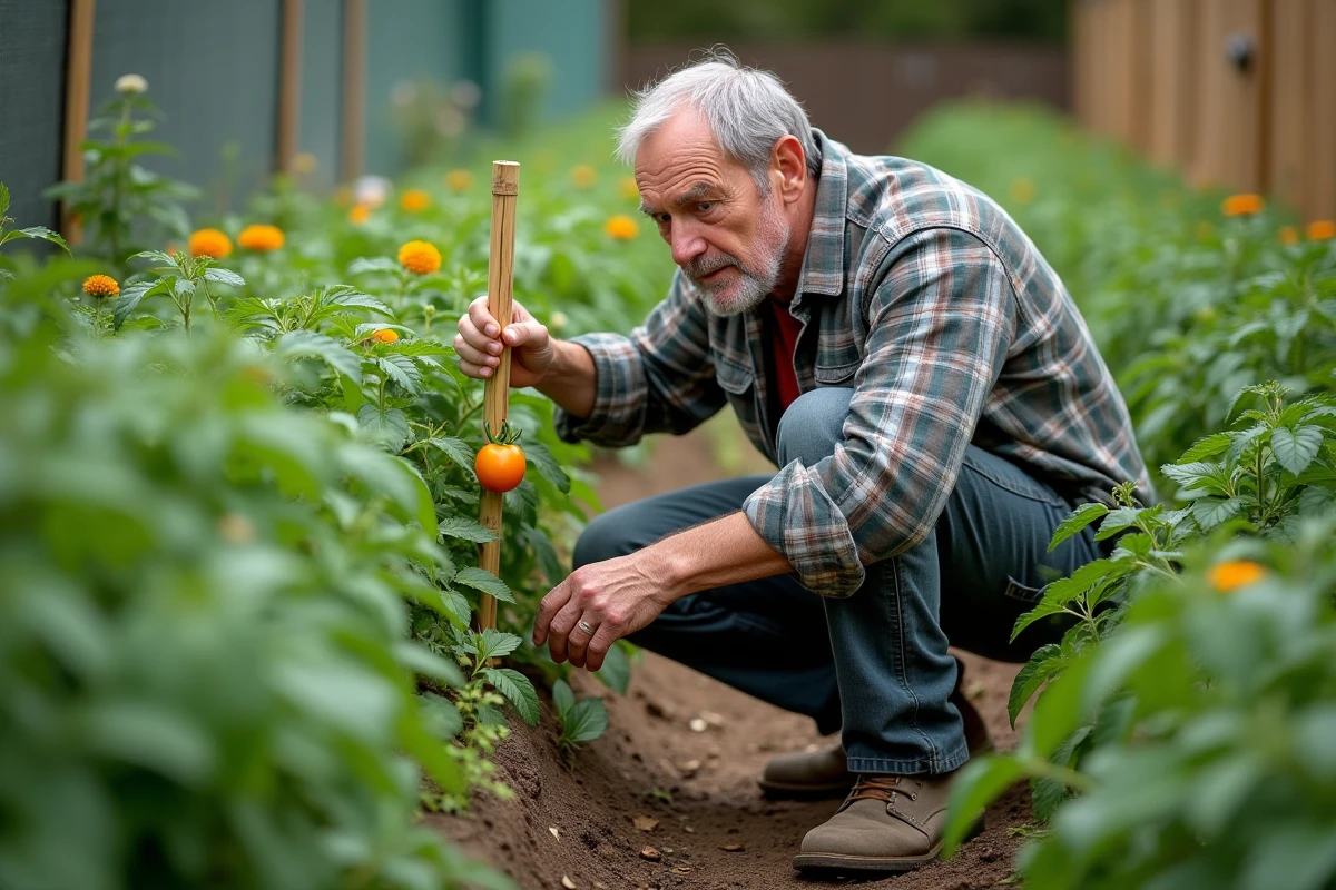 Jardinier installant un piège à phéromone artisanal entre des plants de tomates en lutte intégrée