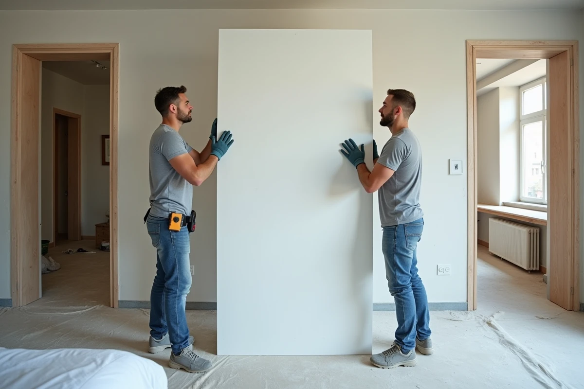 Deux ouvriers posant une plaque de Placo dans une chambre d'appartement occupé en rénovation