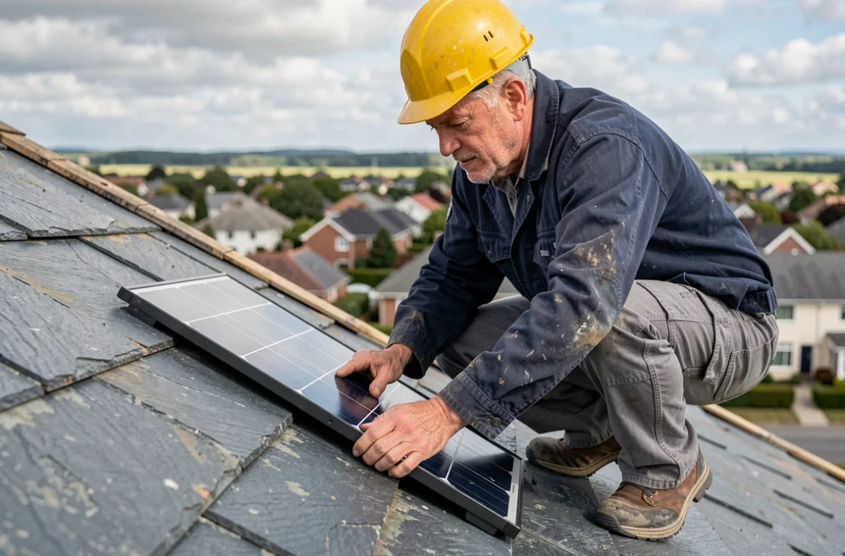 Couvreur professionnel installant des tuiles solaires intégrées sur un toit en ardoise lors d'une rénovation résidentielle