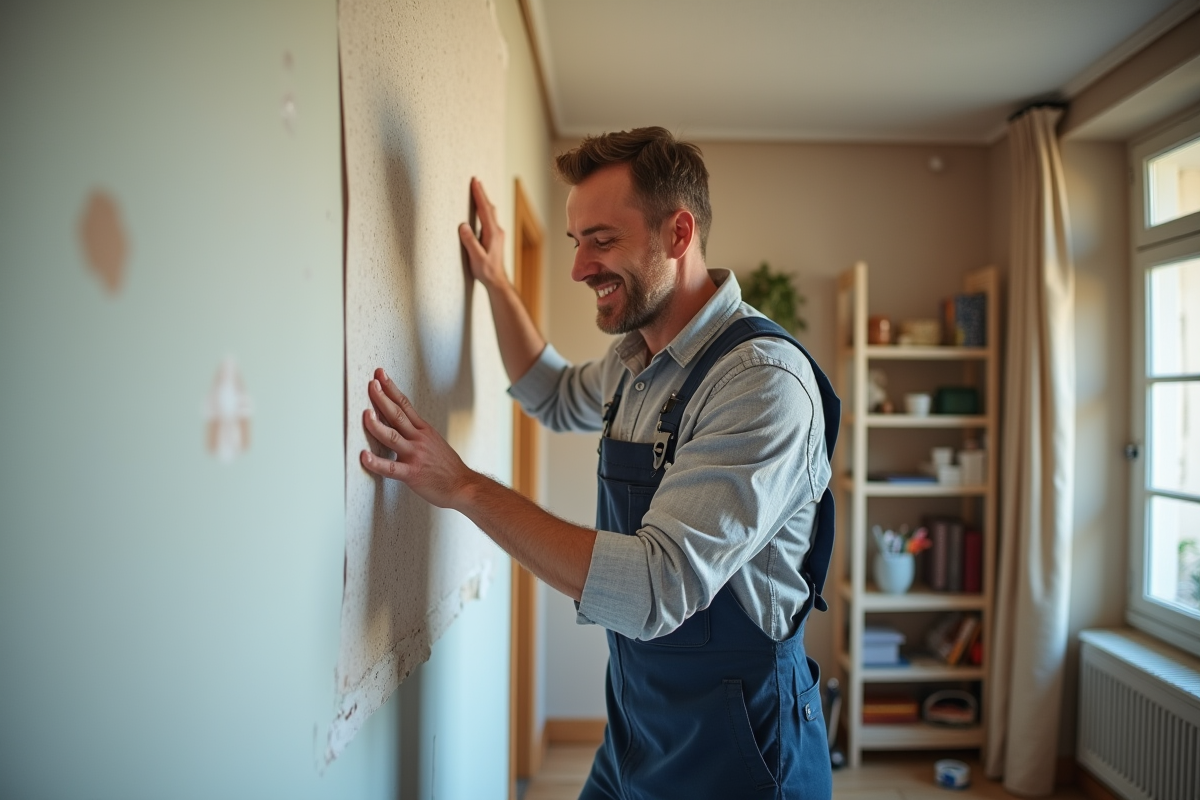 Homme en overalls appliquant du papier peint dans un salon