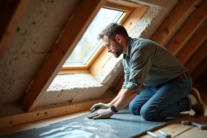 Hommes appliquant bande d'étanchéité sur fenêtre de toit