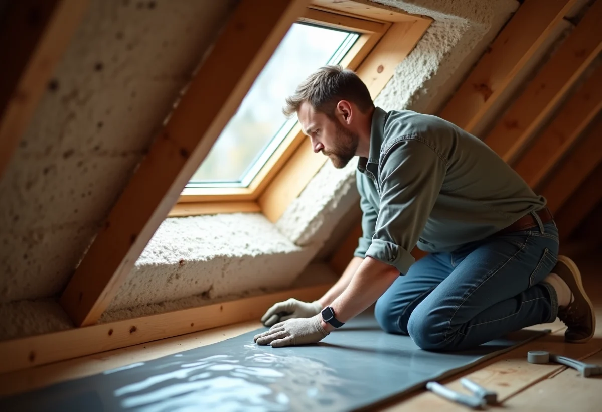 Hommes appliquant bande d'étanchéité sur fenêtre de toit