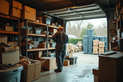 Professionnel du débarras de garage triant des objets encombrants dans un garage rempli de vieilles boîtes et d'outils usagés