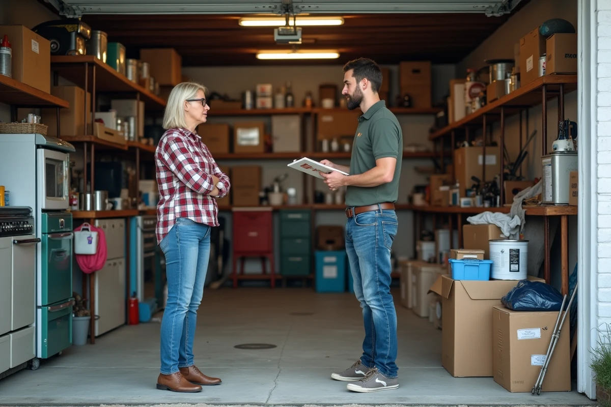 Propriétaire discutant avec un professionnel du débarras devant un garage encombré d'électroménager et d'équipements de jardin
