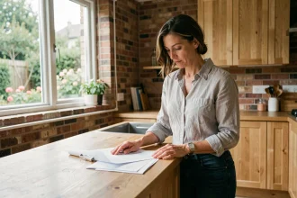 Propriétaire féminine examinant des documents de rénovation dans une cuisine moderne aux matériaux naturels