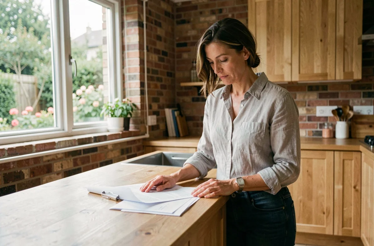 Propriétaire féminine examinant des documents de rénovation dans une cuisine moderne aux matériaux naturels