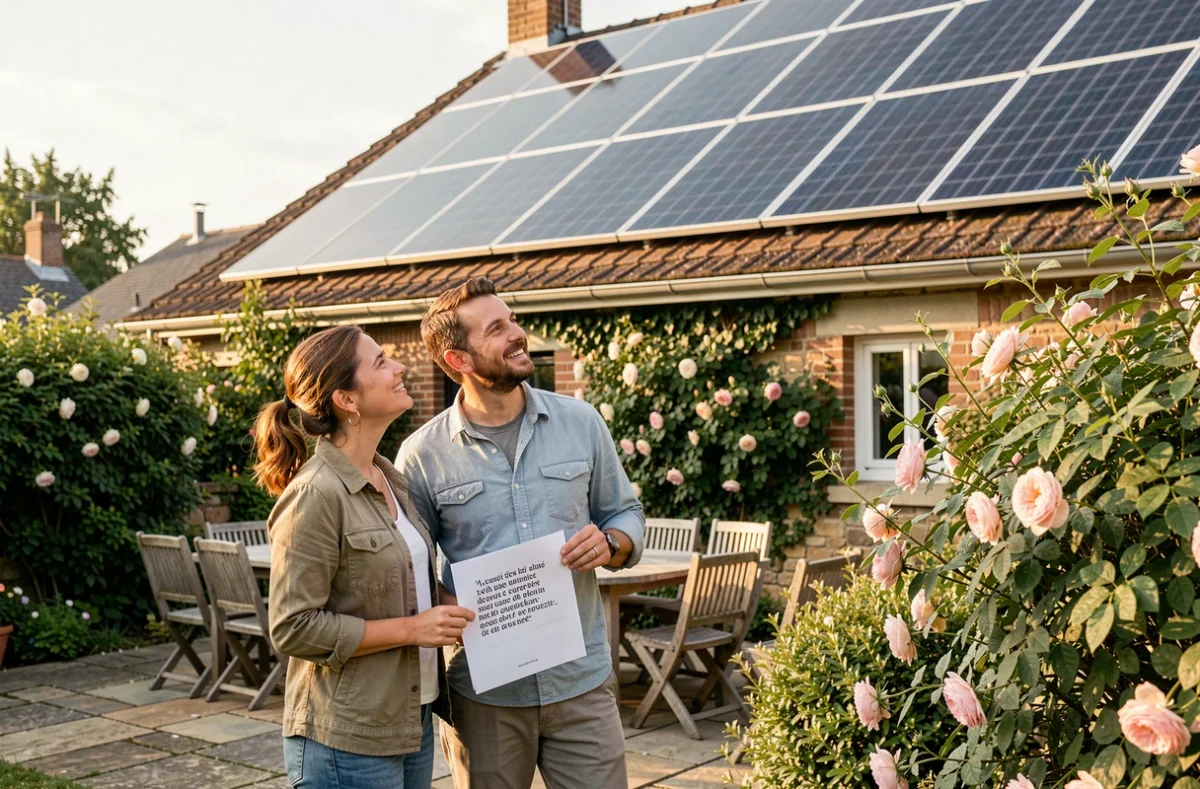 Couple de propriétaires français dans leur jardin admirant leur nouvelle toiture équipée de panneaux photovoltaïques