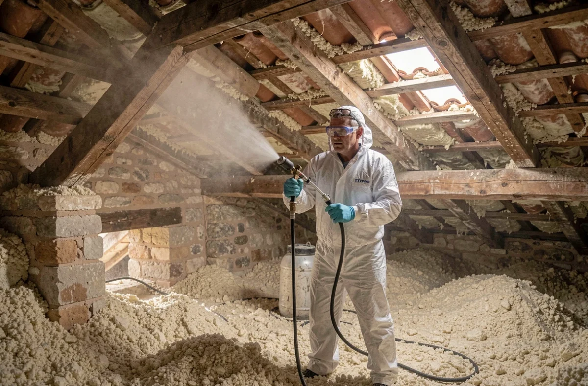 Technicien Provence Éco-Rénov Isolation projetant de l'isolant écologique dans les combles d'une maison provençale