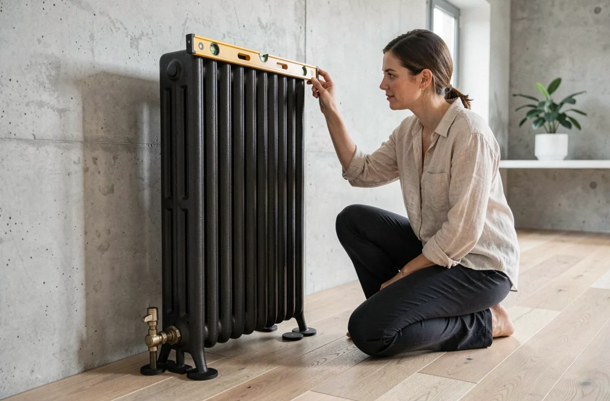 Radiateur en fonte sur pieds amovibles réglables dans un salon scandinave moderne avec vérification du niveau