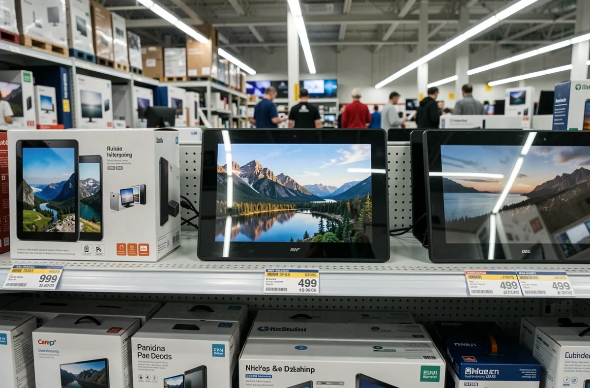 Rayons de magasin présentant plusieurs écrans numériques pour photos avec étiquettes de prix