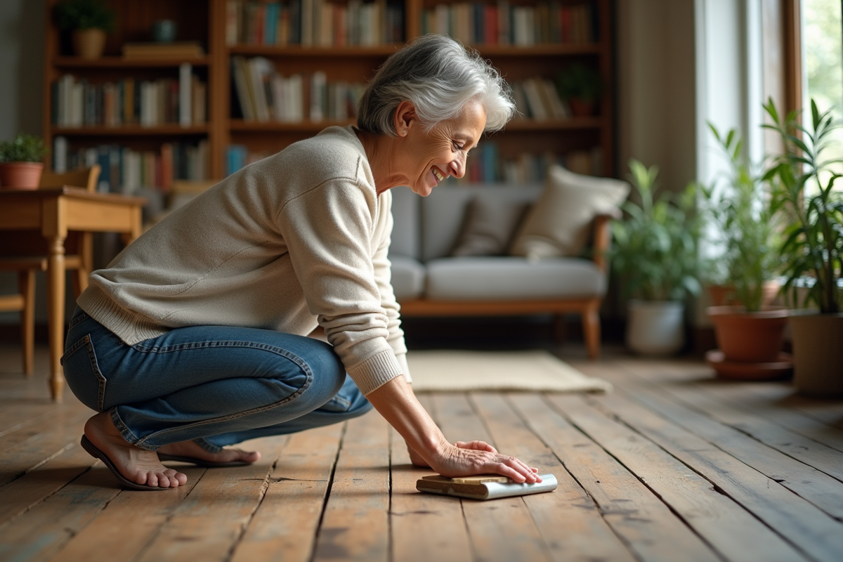 Femme d'âge moyen ponçant un parquet ancien dans un intérieur chaleureux