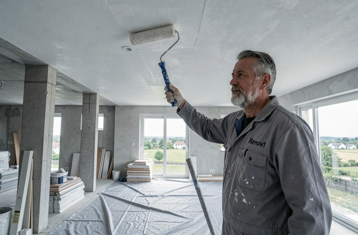 Peintre Renov1 appliquant de la peinture blanche sur un plafond haut dans un appartement en rénovation en Essonne