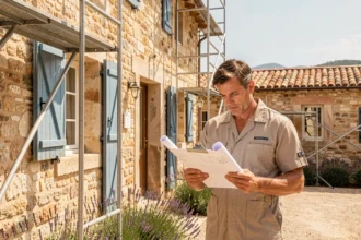 Artisan en rénovation devant une façade en pierre provençale restaurée dans les Bouches-du-Rhône