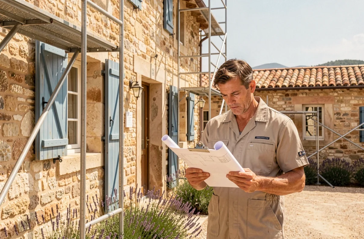 Artisan en rénovation devant une façade en pierre provençale restaurée dans les Bouches-du-Rhône
