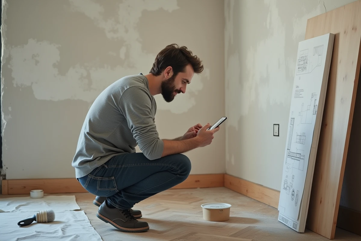 Homme en pleine rénovation murale consultant un tutoriel de bricolage sur smartphone dans un salon en travaux